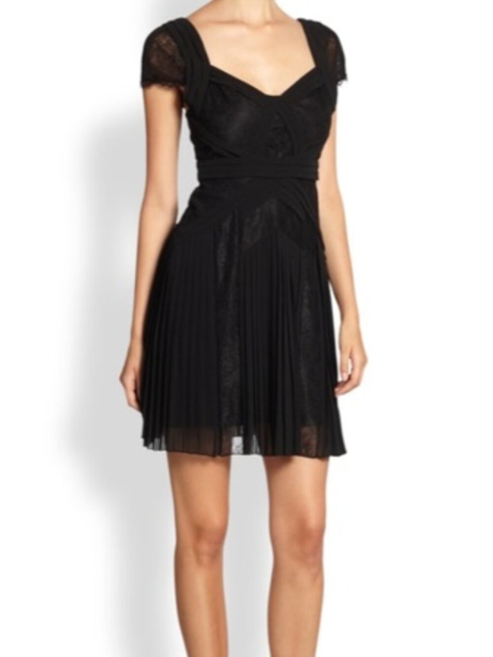 BCBGMAXAZRIA Aris Pleated Lace Insert Cocktail Dress Black Mini Size 6